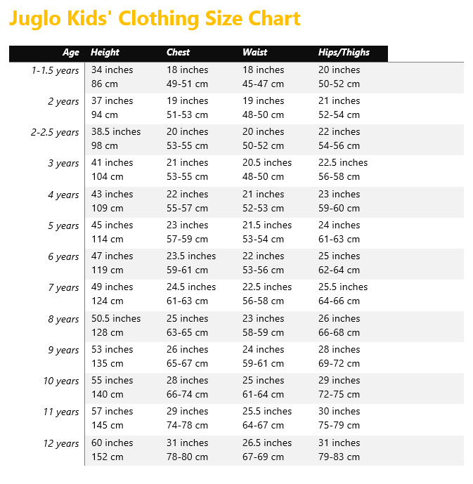 Juglo Kids' Clothing Size Chart