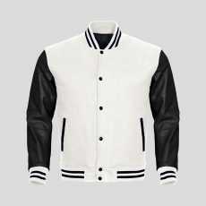 Classic Varsity Letterman bomber jacket- White Wool Body & Black Leather Sleeves