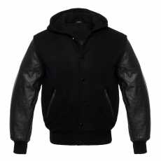 Classic Varsity Letterman bomber jacket- Black Wool Body & Black Leather Sleeves