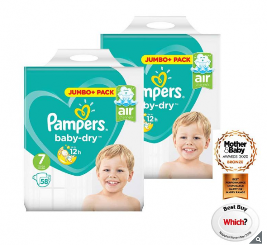 Pampers Baby-Dry Nappies Size 7, 2 x 58 Jumbo Packs