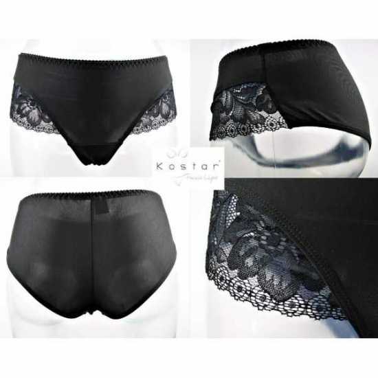 Kostar Lingerie Black Lycra Brief Knickers with Pretty Lace Detail Trim (421)