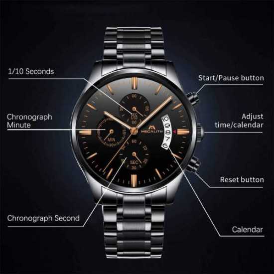 MEGALITH 0105M GENTS STAINLESS BLACK AND GOLD ANALOGUE QUARTZ CHRONOGRAPH...