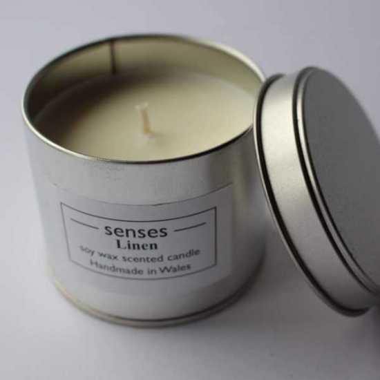 Linen scented soy candle tin handmade in Wales
