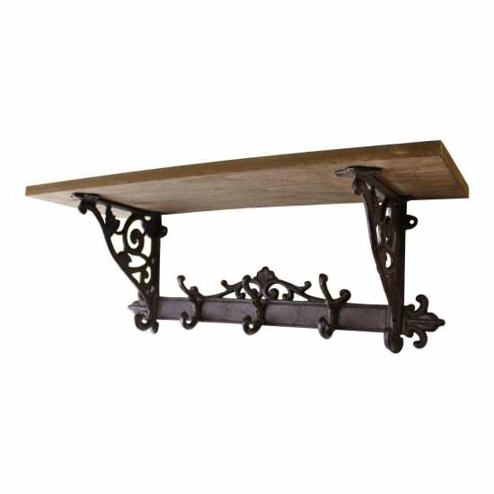 Ornate Wooden Rustic Wall Shelf with Cast Iron Coat Hooks Home Hall Decor Gift