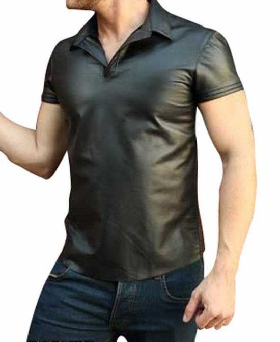 Men's Real Sheep Leather Short Sleeve Shirt Black New Style Party Club Shirt