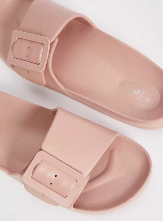 Pink Open Toe Buckle Pool Sliders - 7